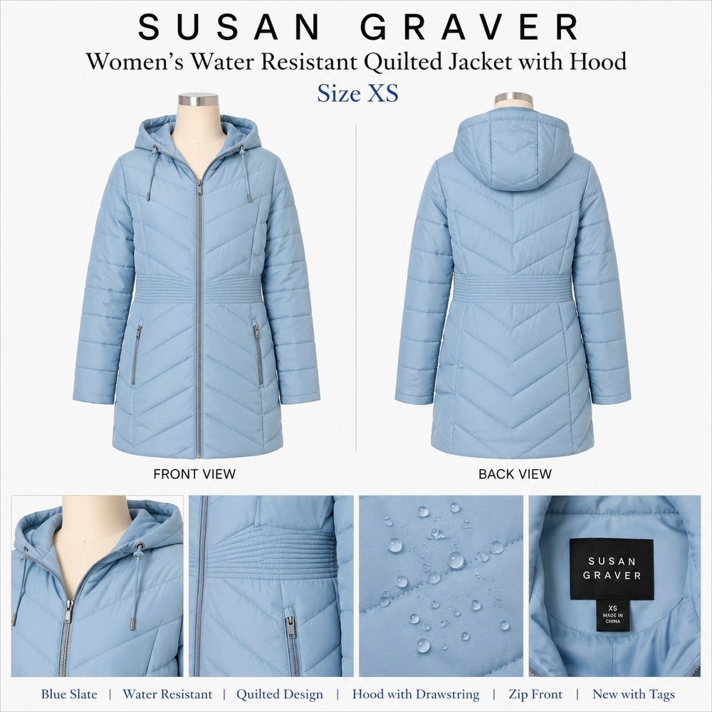 Susan Graver Womens XS‎ Blue Slate Water Resistant Quilted Hooded Puffer Jacket